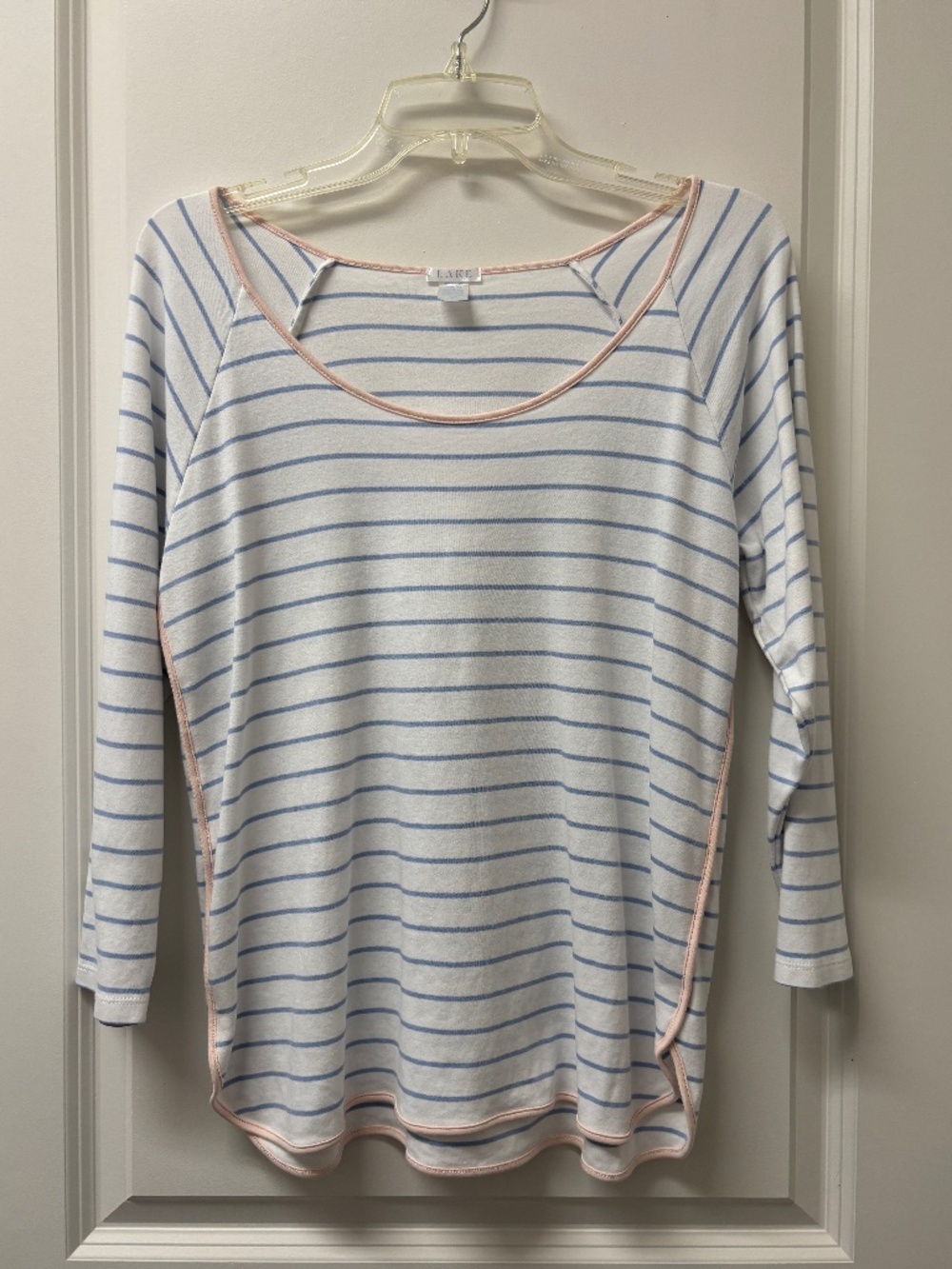 Lake Pajama Top Sleep Shirt Blue White Stripe 3/4 Slv Pima Cotton Women's Lounge